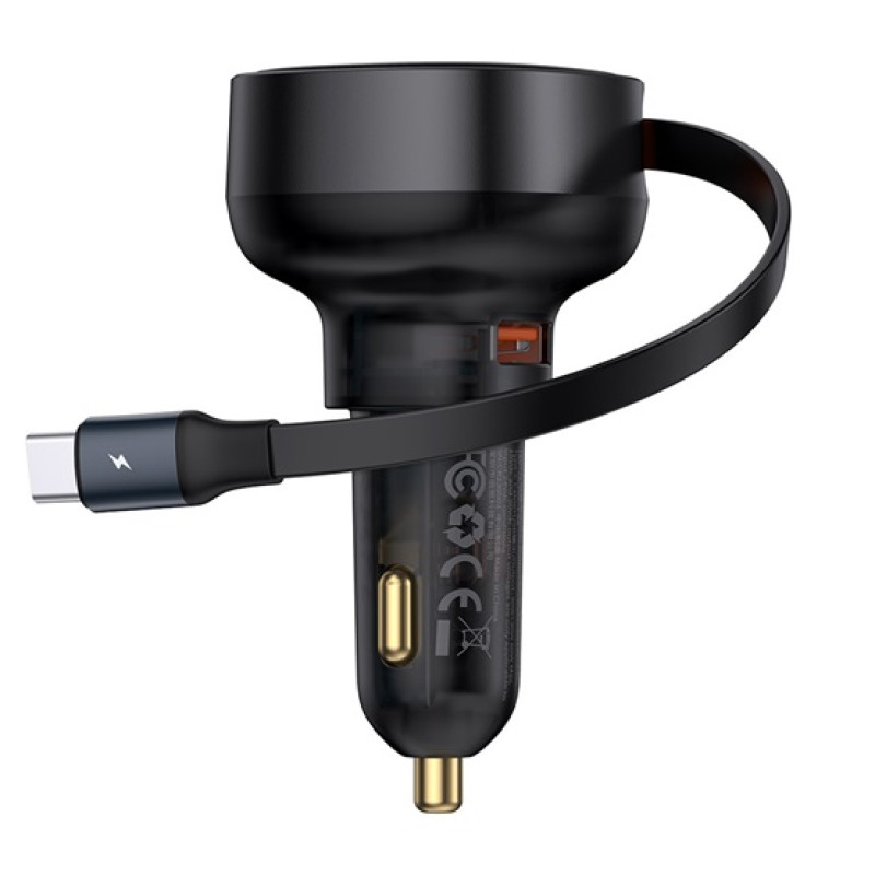 Baseus Enjoyment Pro autós gyorstöltő 60W, USB + USB-C automata behúzós kábel, fekete Baseus Enjoyment Pro autós gyorstöltő 60W, USB + USB-C automata behúzós kábel, fekete