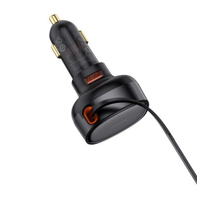 Baseus Enjoyment Pro autós gyorstöltő 60W, USB + USB-C automata behúzós kábel, fekete Baseus Enjoyment Pro autós gyorstöltő 60W, USB + USB-C automata behúzós kábel, fekete