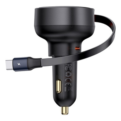 Baseus Enjoyment Pro autós gyorstöltő 60W, USB-C + USB-C automata behúzós kábel, fekete Baseus Enjoyment Pro autós gyorstöltő 60W, USB-C + USB-C automata behúzós kábel, fekete