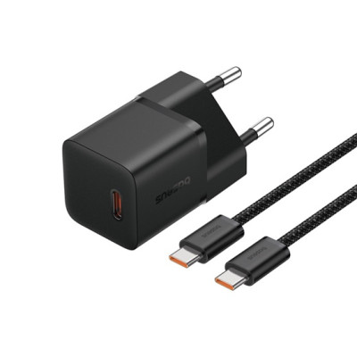 Baseus GaN5 Mini hálózati gyorstöltő 20W, USB-C, fekete + 100W USB-C, 1m kábel