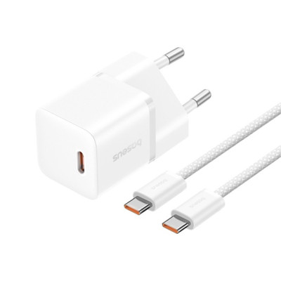 Baseus GaN5 Mini hálózati gyorstöltő 20W, USB-C, fehér + 100W USB-C, 1m kábel