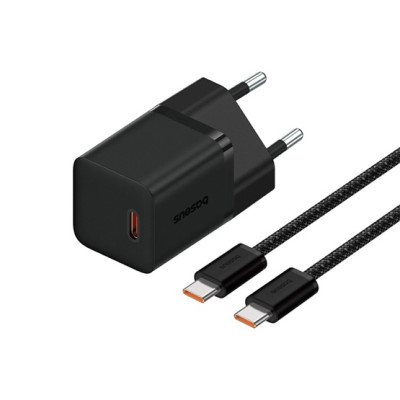Baseus GaN5 Mini hálózati gyorstöltő 30W, USB-C, feket + 100W USB-C, 1m kábel
