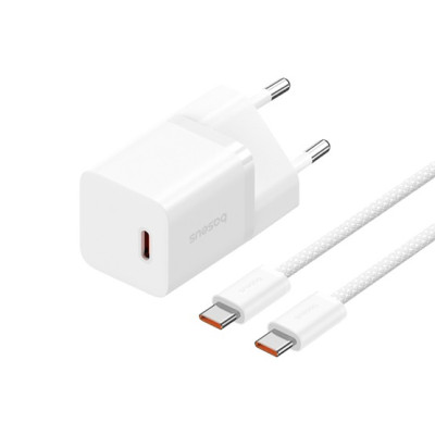 Baseus GaN5 Mini hálózati gyorstöltő 30W, USB-C, fehér + 100W USB-C, 1m kábel