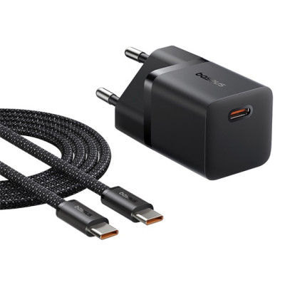 Baseus GaN5 Mini hálózati gyorstöltő 25W, USB-C, fekete + 100W USB-C, 1m kábel