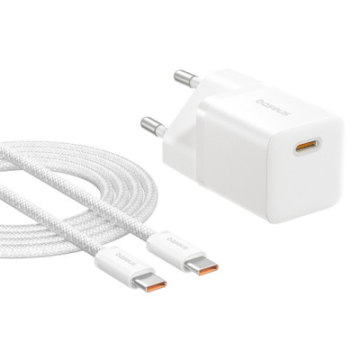 Baseus GaN5 Mini hálózati gyorstöltő 25W, USB-C, fehér + 100W USB-C, 1m kábel