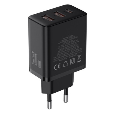 Baseus Cube hálózati gyorstöltő 30W, USB-C + 2×USB, fekete Baseus Cube hálózati gyorstöltő 30W, USB-C + 2×USB, fekete