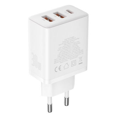 Baseus Cube hálózati gyorstöltő 30W, USB-C + 2×USB, fehér Baseus Cube hálózati gyorstöltő 30W, USB-C + 2×USB, fehér