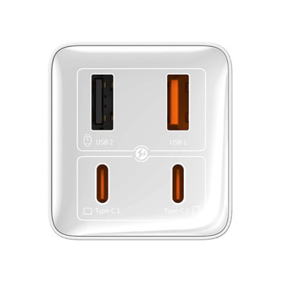 Baseus GaN6 Pro hálózati gyorstöltő 100W – 2×USB-C + 2×USB-A, fehér + 100W USB-C kábel Baseus GaN6 Pro hálózati gyorstöltő 100W – 2×USB-C + 2×USB-A, fehér + 100W USB-C kábel
