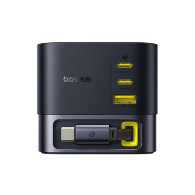 Baseus Super GaN töltőállomás 100W – 1×USB-A + 2×USB-C + USB-C automata behúzós kábel (fekete)