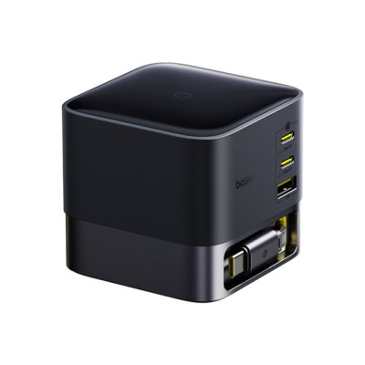 Baseus Super GaN töltőállomás 100W – 1×USB-A + 2×USB-C + USB-C automata behúzós kábel (fekete)