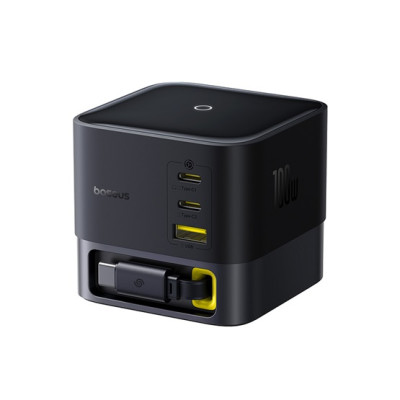 Baseus Super GaN töltőállomás 100W – 1×USB-A + 2×USB-C + USB-C automata behúzós kábel (fekete)