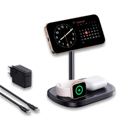 Baseus EnerFill 3-in-1 vezeték nélküli töltő állvány 22,5W, fekete + 45W hálózati gyorstöltő + USB-C, 1m kábel