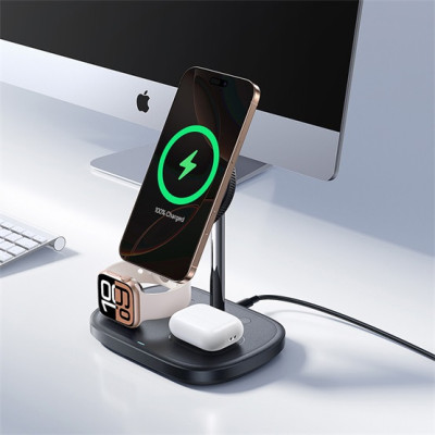 Baseus EnerFill 3-in-1 vezeték nélküli töltő állvány 22,5W, fekete + 45W hálózati gyorstöltő + USB-C, 1m kábel