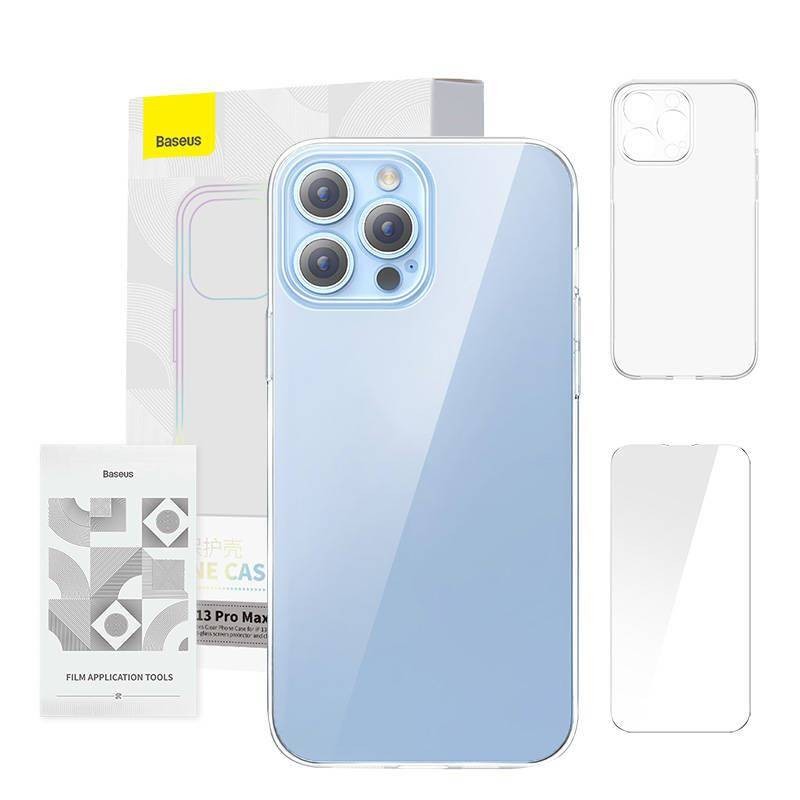 Baseus Crystal Clear Telefon tok iPhone 13 Pro Max-hoz (Áttetsző) + Edzett üveg kijelzővédő fólia + Tisztító készlet Baseus Crystal Clear Telefon tok iPhone 13 Pro Max-hoz (Áttetsző) + Edzett üveg kijelzővédő fólia + Tisztító készlet