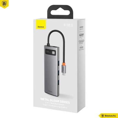Baseus Metal Gleam 8 in1 Multifunkciónális USB-C HUB - USB-C PD 100W + HDMI 4K 30Hz + 3x USB 3.0 + RJ45 1Gbps + SD/MicroSD kártyaolvasó - Szürke Baseus Metal Gleam 8 in1 Multifunkciónális USB-C HUB - USB-C PD 100W + HDMI 4K 30Hz + 3x USB 3.0 + RJ45 1Gbps + SD/MicroSD kártyaolvasó - Szürke