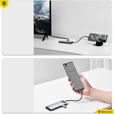 Baseus Metal Gleam 8 in1 Multifunkciónális USB-C HUB - USB-C PD 100W + HDMI 4K 30Hz + 3x USB 3.0 + RJ45 1Gbps + SD/MicroSD kártyaolvasó - Szürke Baseus Metal Gleam 8 in1 Multifunkciónális USB-C HUB - USB-C PD 100W + HDMI 4K 30Hz + 3x USB 3.0 + RJ45 1Gbps + SD/MicroSD kártyaolvasó - Szürke