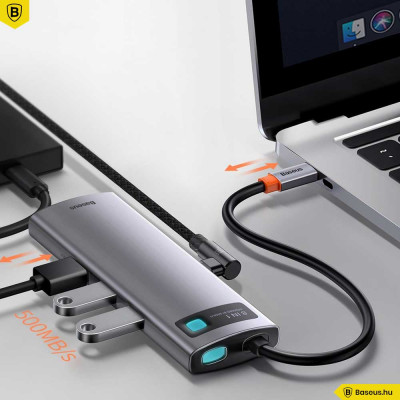 Baseus Metal Gleam 8 in1 Multifunkciónális USB-C HUB - USB-C PD 100W + HDMI 4K 30Hz + 3x USB 3.0 + RJ45 1Gbps + SD/MicroSD kártyaolvasó - Szürke Baseus Metal Gleam 8 in1 Multifunkciónális USB-C HUB - USB-C PD 100W + HDMI 4K 30Hz + 3x USB 3.0 + RJ45 1Gbps + SD/MicroSD kártyaolvasó - Szürke