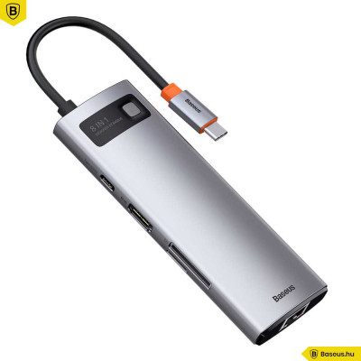 Baseus Metal Gleam 8 in1 Multifunkciónális USB-C HUB - USB-C PD 100W + HDMI 4K 30Hz + 3x USB 3.0 + RJ45 1Gbps + SD/MicroSD kártyaolvasó - Szürke Baseus Metal Gleam 8 in1 Multifunkciónális USB-C HUB - USB-C PD 100W + HDMI 4K 30Hz + 3x USB 3.0 + RJ45 1Gbps + SD/MicroSD kártyaolvasó - Szürke