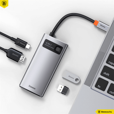 Baseus Hub 4in1 Metal Gleam sorozat, USB-C - USB 3.0 + USB 2.0 + HDMI + USB-C PD - szürke