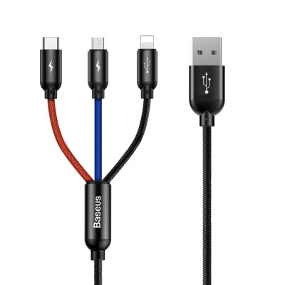 Baseus 3 az 1-ben USB-C / Lightning / Micro 3A 1,2 m-es USB-kábel, fekete Baseus 3 az 1-ben USB-C / Lightning / Micro 3A 1,2 m-es USB-kábel, fekete