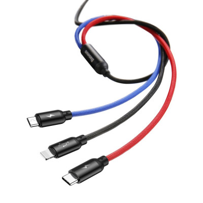 Baseus 3 az 1-ben USB-C / Lightning / Micro 3A 1,2 m-es USB-kábel, fekete Baseus 3 az 1-ben USB-C / Lightning / Micro 3A 1,2 m-es USB-kábel, fekete