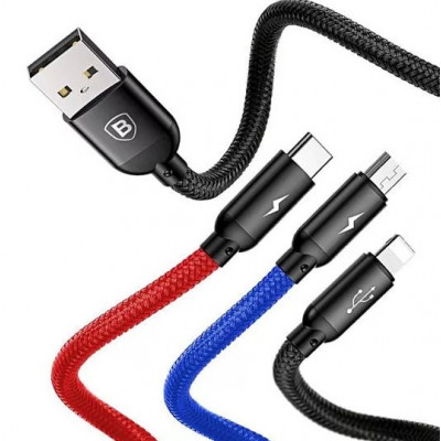 Baseus 3 az 1-ben USB-C / Lightning / Micro 3A 1,2 m-es USB-kábel, fekete Baseus 3 az 1-ben USB-C / Lightning / Micro 3A 1,2 m-es USB-kábel, fekete