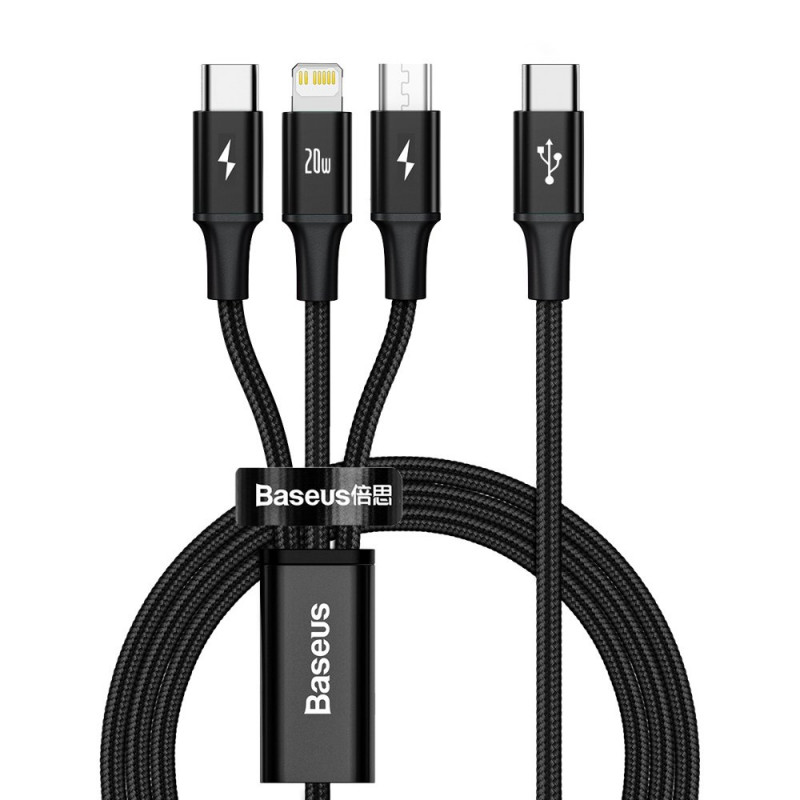 Baseus Rapid Series USB-C 3 az 1-ben kábel, Mikro USB / Lightning / USB-C, 20 W, 1,5 m, fekete Baseus Rapid Series USB-C 3 az 1-ben kábel, Mikro USB / Lightning / USB-C, 20 W, 1,5 m, fekete