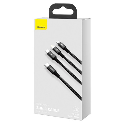 Baseus Rapid Series USB-C 3 az 1-ben kábel, Mikro USB / Lightning / USB-C, 20 W, 1,5 m, fekete Baseus Rapid Series USB-C 3 az 1-ben kábel, Mikro USB / Lightning / USB-C, 20 W, 1,5 m, fekete
