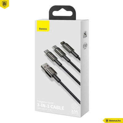 Baseus Tungsten Gold 3in1 Micro/Lightning/USB-C adat/töltőkábel 3,5A 1,5m - Fekete Baseus Tungsten Gold 3in1 Micro/Lightning/USB-C adat/töltőkábel 3,5A 1,5m - Fekete