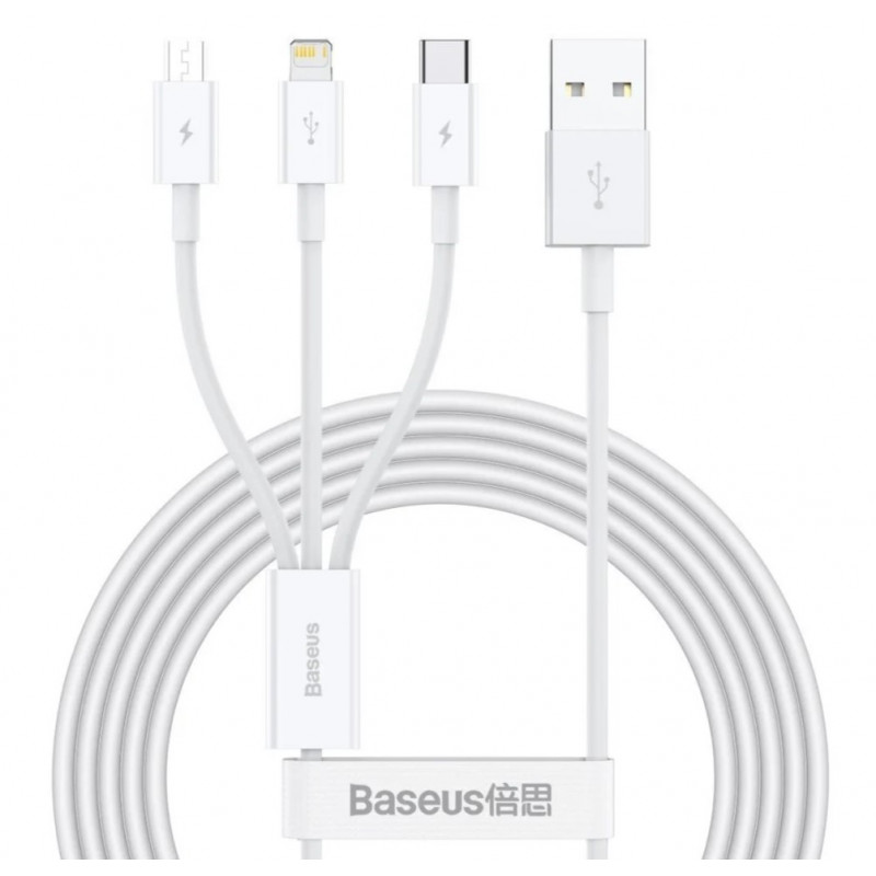 Baseus Superior 3 az 1-ben USB-kábel, USB-mikro-USB / USB-C / Lightning, 3,5 A, 1,5 m, fehér Baseus Superior 3 az 1-ben USB-kábel, USB-mikro-USB / USB-C / Lightning, 3,5 A, 1,5 m, fehér