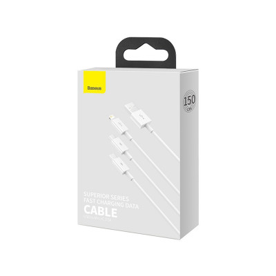 Baseus Superior 3 az 1-ben USB-kábel, USB-mikro-USB / USB-C / Lightning, 3,5 A, 1,5 m, fehér Baseus Superior 3 az 1-ben USB-kábel, USB-mikro-USB / USB-C / Lightning, 3,5 A, 1,5 m, fehér
