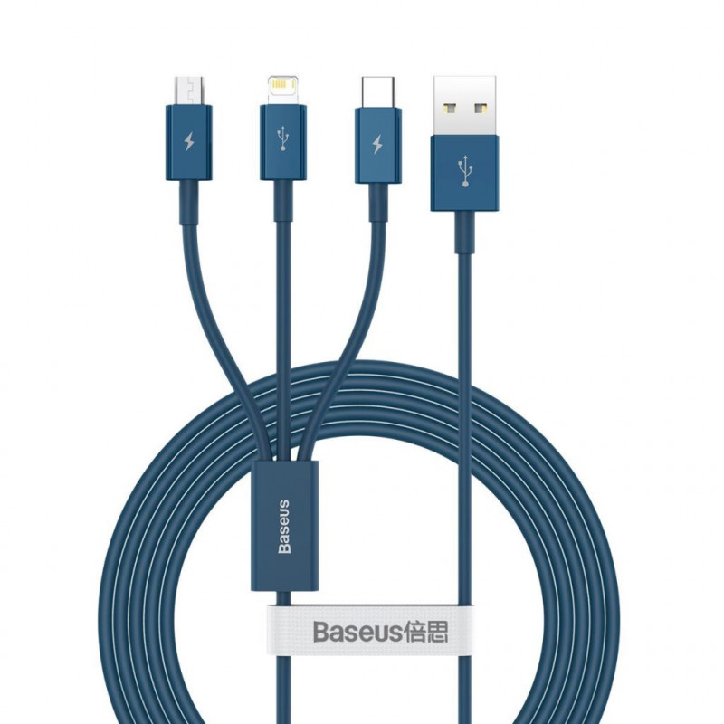 Baseus Superior Series 3 az 1-ben USB-kábel, USB-Micro USB / USB-C / Lightning, 3,5 A, 1,5 m, kék Baseus Superior Series 3 az 1-ben USB-kábel, USB-Micro USB / USB-C / Lightning, 3,5 A, 1,5 m, kék