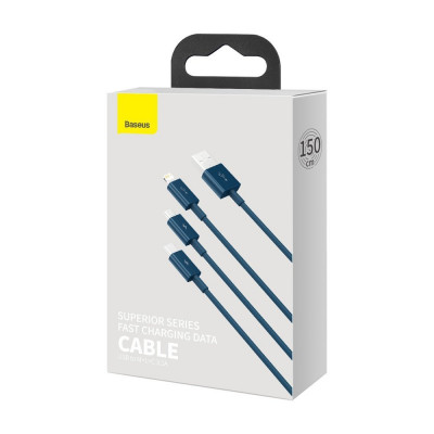Baseus Superior Series 3 az 1-ben USB-kábel, USB-Micro USB / USB-C / Lightning, 3,5 A, 1,5 m, kék Baseus Superior Series 3 az 1-ben USB-kábel, USB-Micro USB / USB-C / Lightning, 3,5 A, 1,5 m, kék