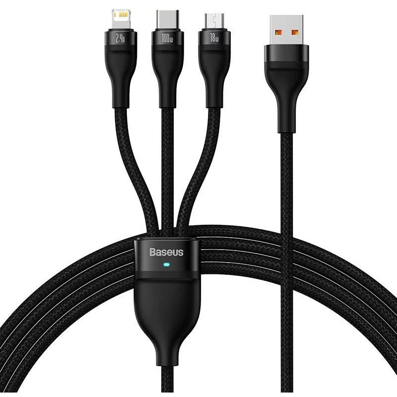 Baseus Flash series 3 az 1-ben USB kábel, USB-C / micro USB / Lightning, 100W, 1.2m, fekete Baseus Flash series 3 az 1-ben USB kábel, USB-C / micro USB / Lightning, 100W, 1.2m, fekete