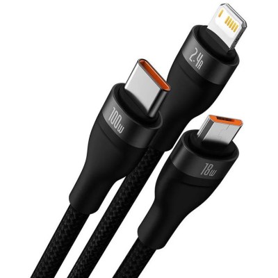 Baseus Flash series 3 az 1-ben USB kábel, USB-C / micro USB / Lightning, 100W, 1.2m, fekete Baseus Flash series 3 az 1-ben USB kábel, USB-C / micro USB / Lightning, 100W, 1.2m, fekete