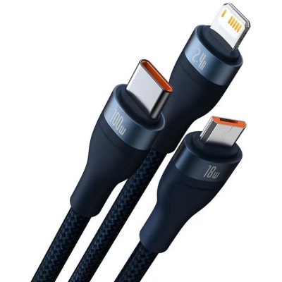 Baseus Flash series 3 az 1-ben USB kábel, USB-C / micro USB / Lightning, 100W, 1.2m, kék Baseus Flash series 3 az 1-ben USB kábel, USB-C / micro USB / Lightning, 100W, 1.2m, kék