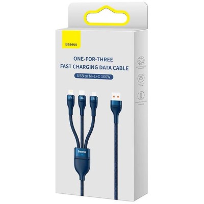 Baseus Flash series 3 az 1-ben USB kábel, USB-C / micro USB / Lightning, 100W, 1.2m, kék Baseus Flash series 3 az 1-ben USB kábel, USB-C / micro USB / Lightning, 100W, 1.2m, kék