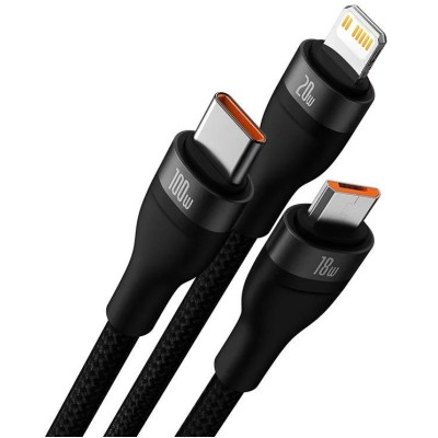 Baseus Flash Series 2 3 az 1-ben USB-C kábel, USB-C + micro USB + Lightning, 100W, 1.5m (fekete) Baseus Flash Series 2 3 az 1-ben USB-C kábel, USB-C + micro USB + Lightning, 100W, 1.5m (fekete)