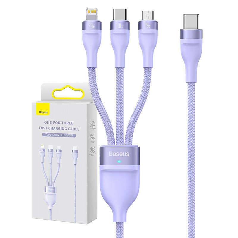 Baseus Flash Series 2, 3 az 1-ben USB-C kábel, USB-C + micro USB + Lightning, 100W, 1.5m (Ibolya) Baseus Flash Series 2, 3 az 1-ben USB-C kábel, USB-C + micro USB + Lightning, 100W, 1.5m (Ibolya)