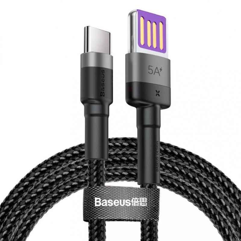 Baseus Cafule USB-USB-C kábel Huawei SuperCharge, QC 3.0, 5A 1m, fekete-szürke Baseus Cafule USB-USB-C kábel Huawei SuperCharge, QC 3.0, 5A 1m, fekete-szürke