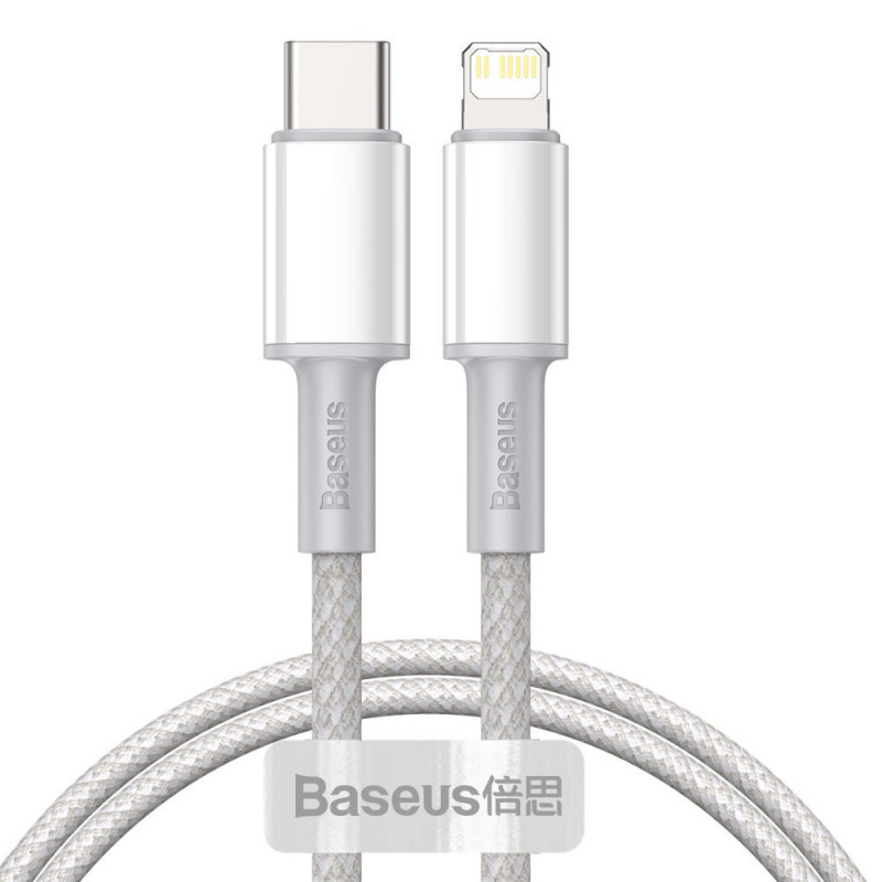 Baseus USB-C, nagy sűrűségű fonott kábel, Lightning, 20 W, 5 A, PD, 1 m, fehér Baseus USB-C, nagy sűrűségű fonott kábel, Lightning, 20 W, 5 A, PD, 1 m, fehér