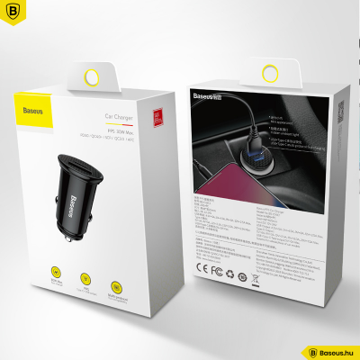 Baseus autós töltő USB/USB-C 30W Circular - Fekete Baseus autós töltő USB/USB-C 30W Circular - Fekete