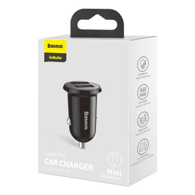 Baseus Grain Pro 2x USB 4.8A, 24W autóstöltő - fekete Baseus Grain Pro 2x USB 4.8A, 24W autóstöltő - fekete