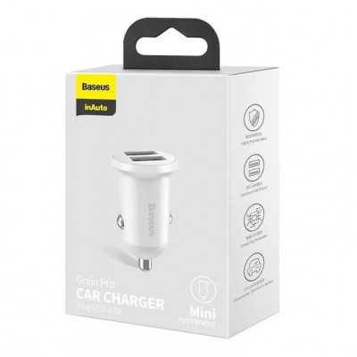 Baseus Grain Pro 2x USB 4.8A 24W autóstöltő, fehér Baseus Grain Pro 2x USB 4.8A 24W autóstöltő, fehér