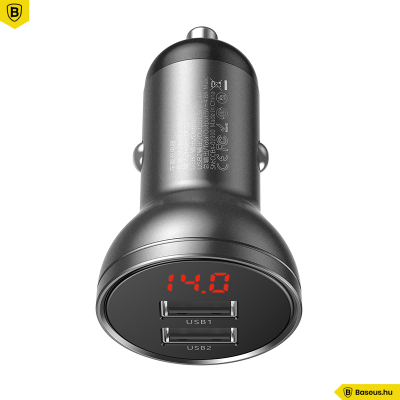 Baseus autós töltő 2USB 4.8A 24W LCD kijelzővel - Szürke Baseus autós töltő 2USB 4.8A 24W LCD kijelzővel - Szürke