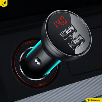 Baseus autós töltő 2USB 4.8A 24W LCD kijelzővel - Szürke Baseus autós töltő 2USB 4.8A 24W LCD kijelzővel - Szürke