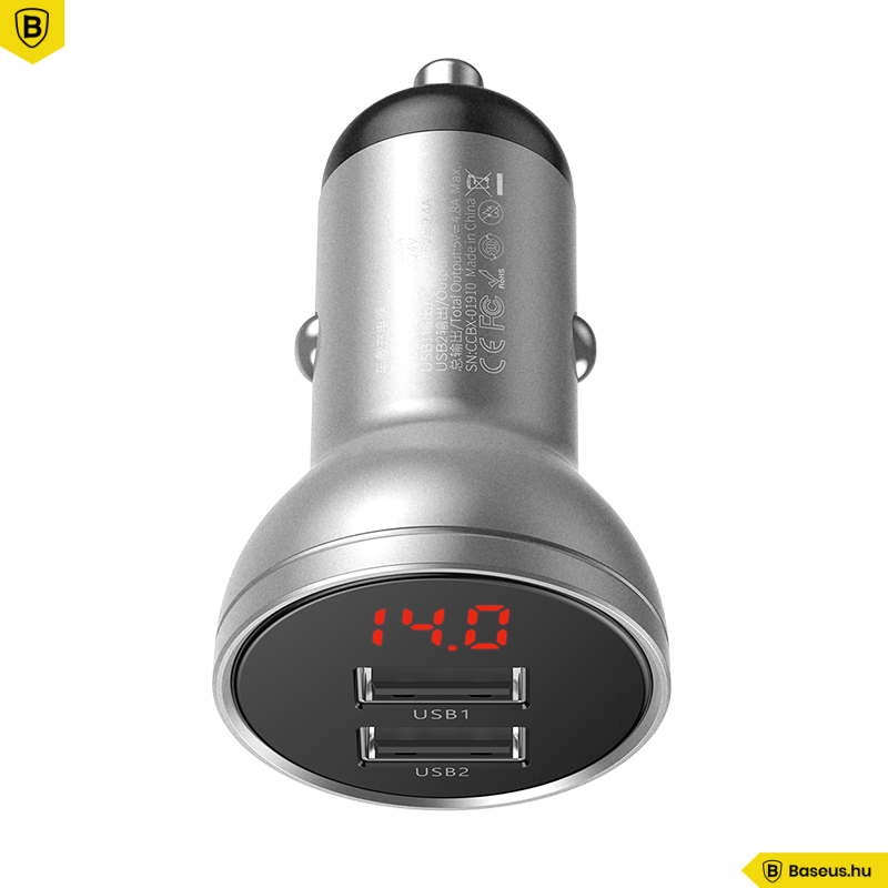 Baseus autós töltő 2USB 4.8A 24W LCD kijelzővel - Ezüst Baseus autós töltő 2USB 4.8A 24W LCD kijelzővel - Ezüst
