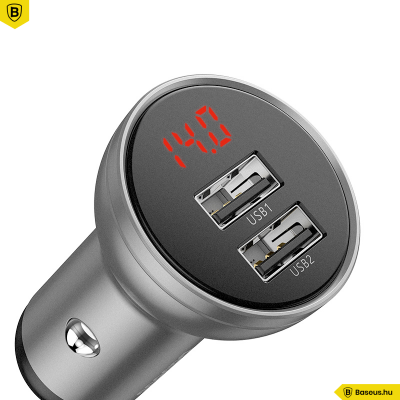 Baseus autós töltő 2USB 4.8A 24W LCD kijelzővel - Ezüst Baseus autós töltő 2USB 4.8A 24W LCD kijelzővel - Ezüst