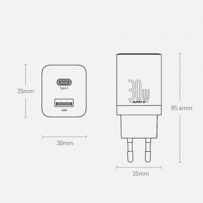 Baseus Super Si Pro gyorstöltő USB + USB-C 30W, fekete Baseus Super Si Pro gyorstöltő USB + USB-C 30W, fekete