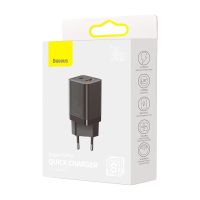 Baseus Super Si Pro gyorstöltő USB + USB-C 30W, fekete Baseus Super Si Pro gyorstöltő USB + USB-C 30W, fekete